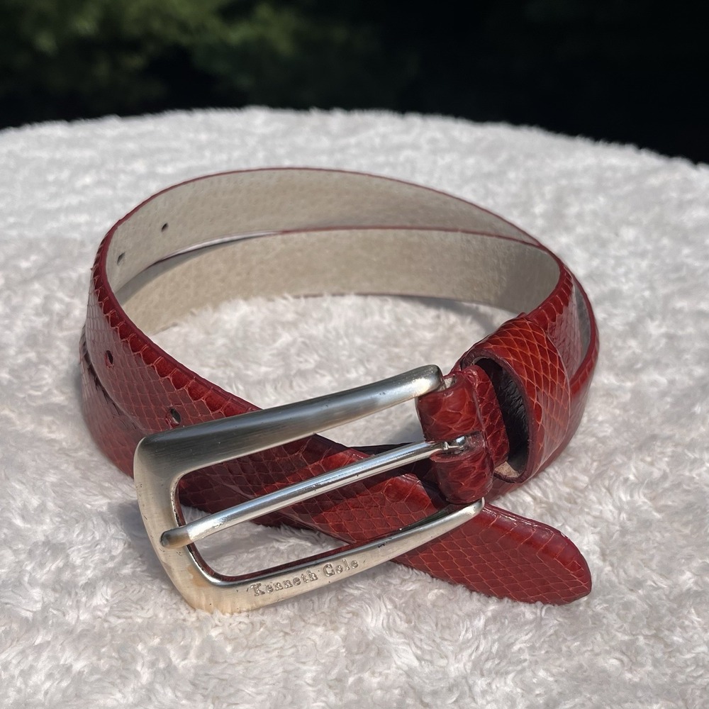 Kenneth Cole Belt Wmns Size M Genuine Snake Skin Brown Rust Silver Tone Buckle